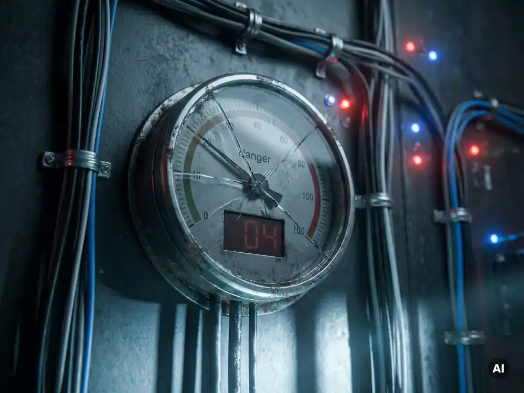 Gebarsten numerieke meter met gevaarlijk lage waarde op donkere serverruimtemuur, omgeven door kabels en knipperende statuslampjes.