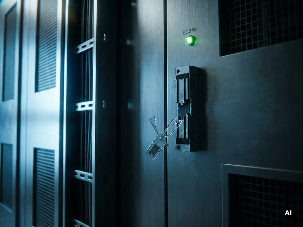 Gebarsten beveiligingsslot op serverruimtedeur met groen "secure" indicatielampje dat nog brandt ondanks zichtbare inbraak.