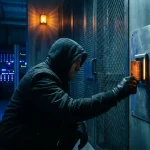 Vermomde figuur in donkere serverruimte die een toegangspas in een beveiligde deurslot steekt, omringd door gloeiende serverracks.