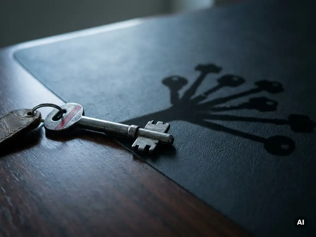 Mastersleutel op donker bureau met schaduw die vertakt in meerdere kleinere sleutels, symboliseert gelaagde toegangscontrole.