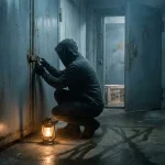 Gehurkte gemaskerde figuur kraakt roestig hangslot op stalen deur, terwijl achterliggende deur openstaat met leverancierskrat zichtbaar, dramatisch amberkleurig licht.