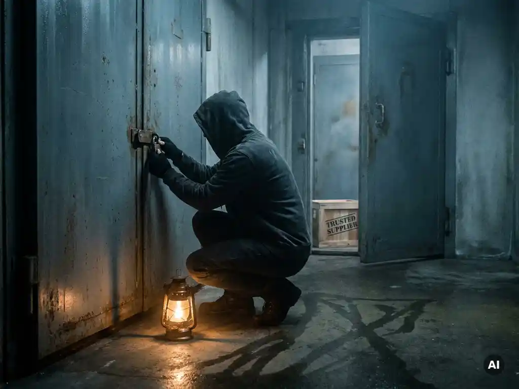 Gehurkte gemaskerde figuur kraakt roestig hangslot op stalen deur, terwijl achterliggende deur openstaat met leverancierskrat zichtbaar, dramatisch amberkleurig licht.