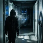 Vermomde figuur sluipt door donkere serverruimte met flikkerende indicatorlampjes en verstoord stof langs serverracks.