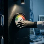 Beveiligingsanalist die hand boven kwetsbaarheidsscoreschijf houdt, groen-tot-rood schaal op donker metalen paneel, cybersecuritylab.