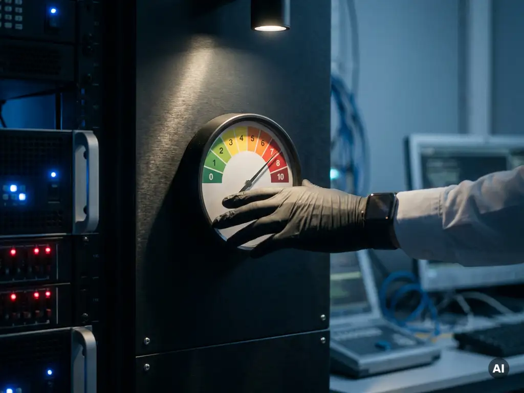 Beveiligingsanalist die hand boven kwetsbaarheidsscoreschijf houdt, groen-tot-rood schaal op donker metalen paneel, cybersecuritylab.