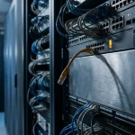 Loshangende netwerkkabel in een modern datacenter met patch panels, verlicht door een amber waarschuwingslampje op een stalen rack.