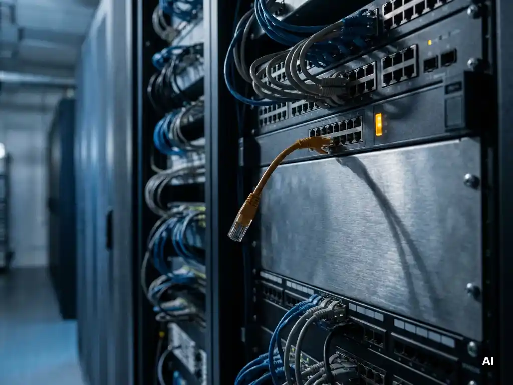 Loshangende netwerkkabel in een modern datacenter met patch panels, verlicht door een amber waarschuwingslampje op een stalen rack.