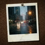Polaroid-foto op kurkbord toont regenachtig stadsstraatje 's nachts met rood doelwit op beslagen ruit, amber straatlantaarn.