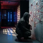 Gehurkte figuur in capuchon bestudeert rood dradennetwerk op betonnen muur in schemering van serverruimte.