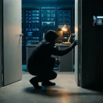 Gehurkte figuur in capuchon die door een open deur een moderne serverruimte binnendringt, terwijl een beveiligingspaneel ongebruikt aan de muur hangt.