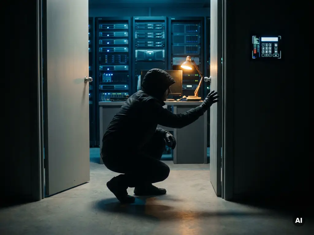 Gehurkte figuur in capuchon die door een open deur een moderne serverruimte binnendringt, terwijl een beveiligingspaneel ongebruikt aan de muur hangt.