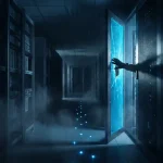 Schaduwrijke hand die door een gebarsten serverruimtedeur reikt, omgeven door blauwe mist en glanzende toegangspunten in een donkere gang.