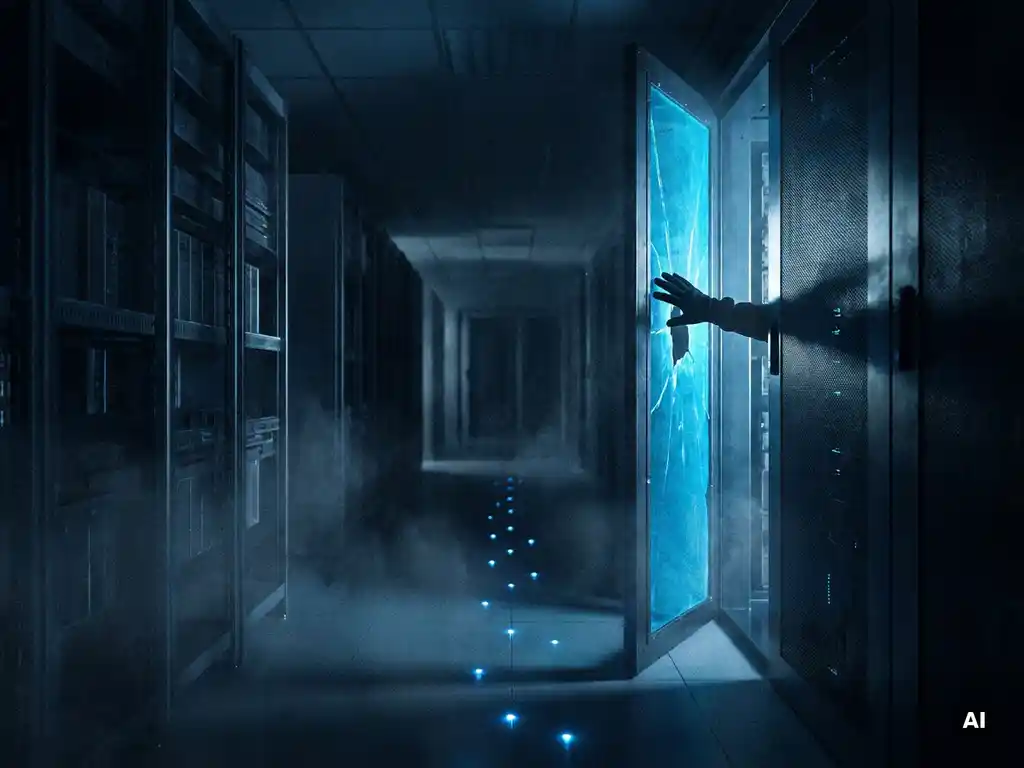 Schaduwrijke hand die door een gebarsten serverruimtedeur reikt, omgeven door blauwe mist en glanzende toegangspunten in een donkere gang.