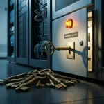 Oude messing sleutels op een serverruimtevloer, één oversized sleutel steekt in een beveiligd toegangspaneel, dramatische amberkleurige waarschuwingslichten.