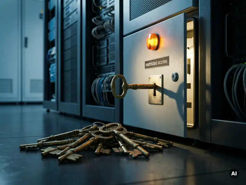 Oude messing sleutels op een serverruimtevloer, één oversized sleutel steekt in een beveiligd toegangspaneel, dramatische amberkleurige waarschuwingslichten.