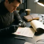 Beveiligingsanalist bestudeert pentest rapport met kritieke bevindingen op zwart bureau, vergrotingsglas ernaast, dramatisch zijlicht.