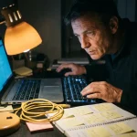 Ervaren pentester gebogen over verlicht toetsenbord, laptopscherm werpt blauw licht op geconcentreerd gezicht, notitieblok en ethernetkabel op bureau.