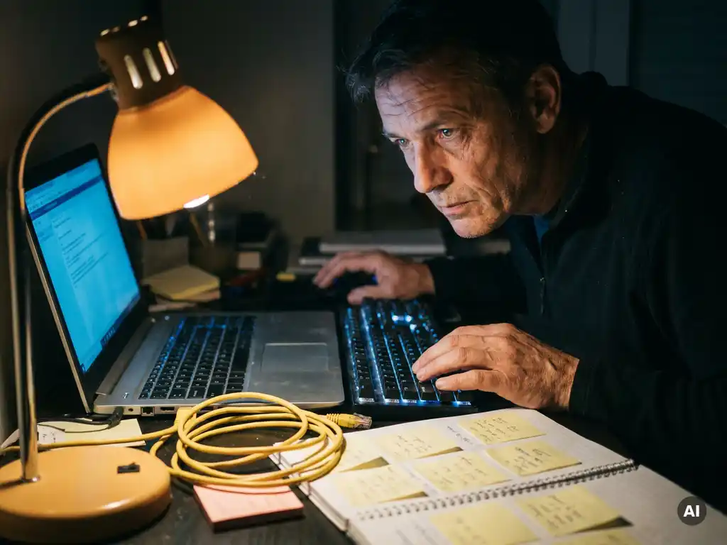 Ervaren pentester gebogen over verlicht toetsenbord, laptopscherm werpt blauw licht op geconcentreerd gezicht, notitieblok en ethernetkabel op bureau.