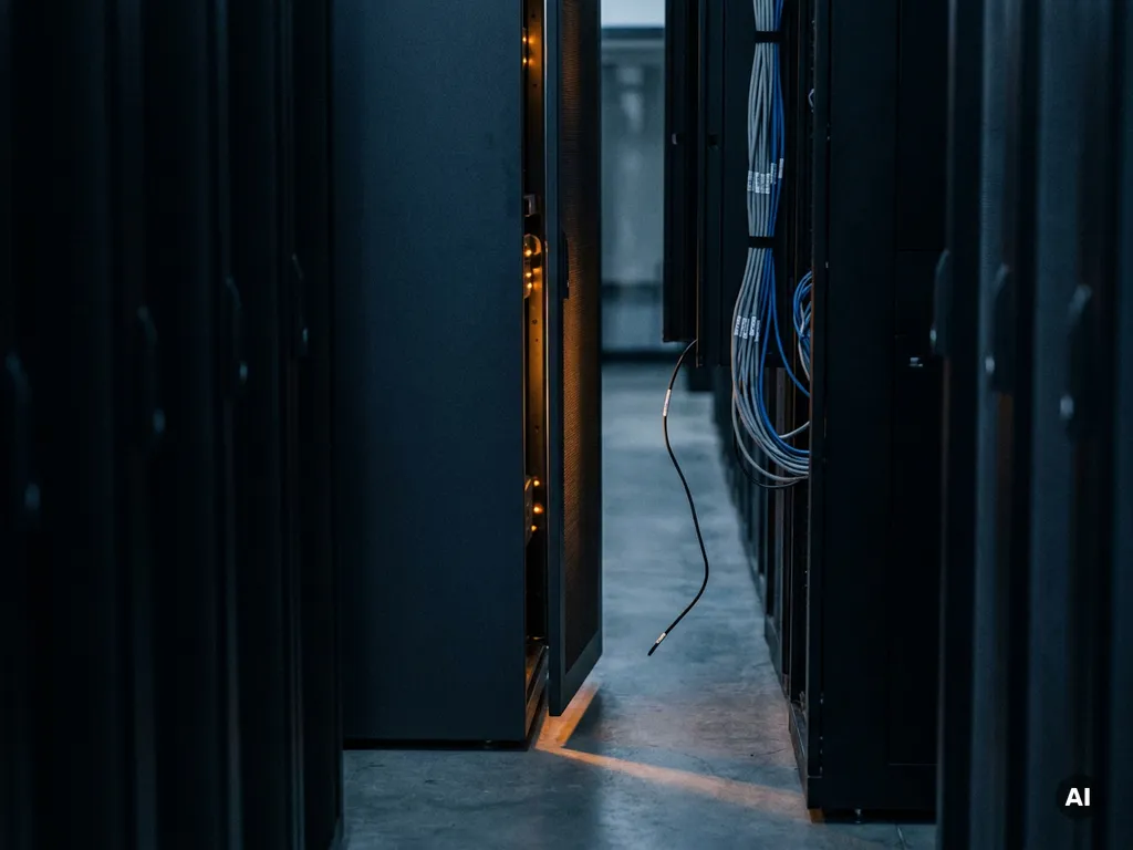 Serverrack met licht openstaand paneel waaruit warm amber licht lekt in een donkere datacentergang, één losse kabel zichtbaar.