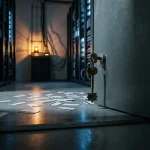 Hoofdsleutel in open serverruimtedeur met toegangspassen verspreid op betonnen vloer, verlicht door oranje waarschuwingslamp.