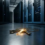 Oude messing sleutels op de vloer van een serverruimte, één sleutel gloeit goudkleurig tussen donkere serverrekken, verbonden door een subtiele ketting.