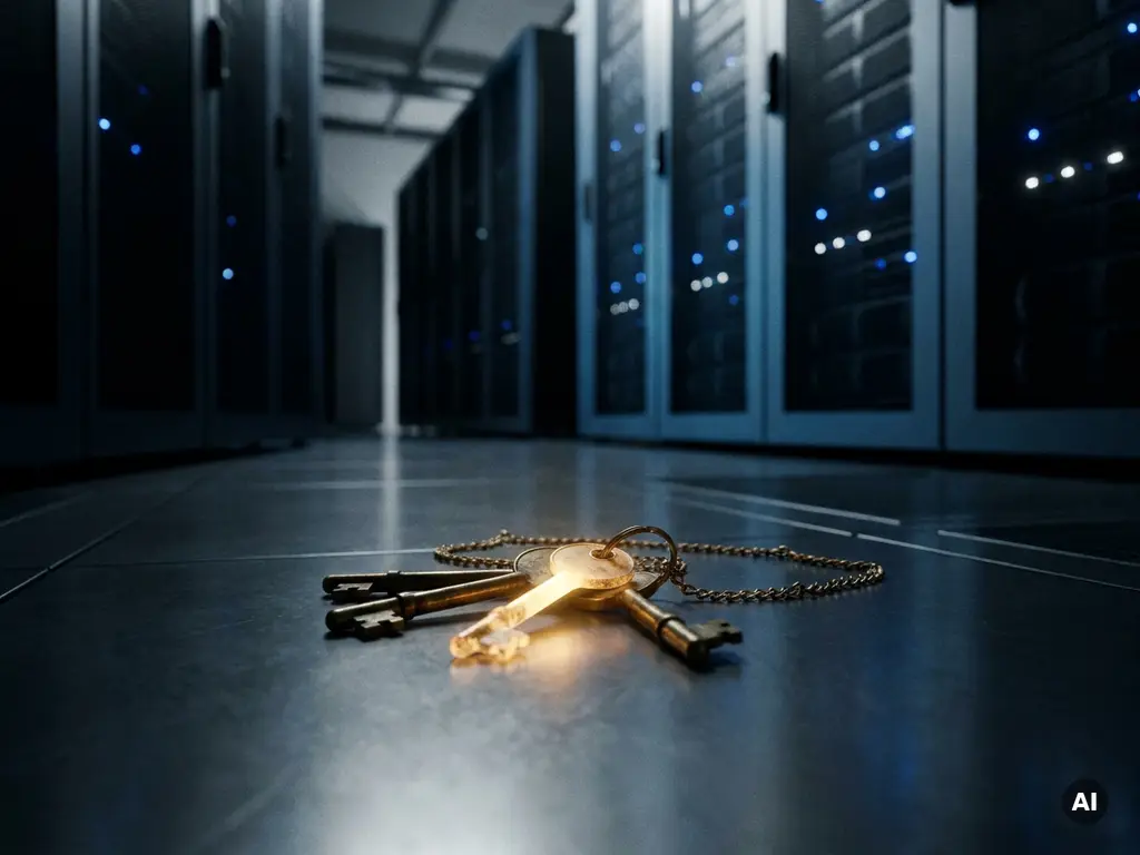 Oude messing sleutels op de vloer van een serverruimte, één sleutel gloeit goudkleurig tussen donkere serverrekken, verbonden door een subtiele ketting.
