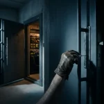 Gehandschoende hand die een slot kraakt op een stalen deur, met op de achtergrond een open serverzaal, dramatische zijverlichting.