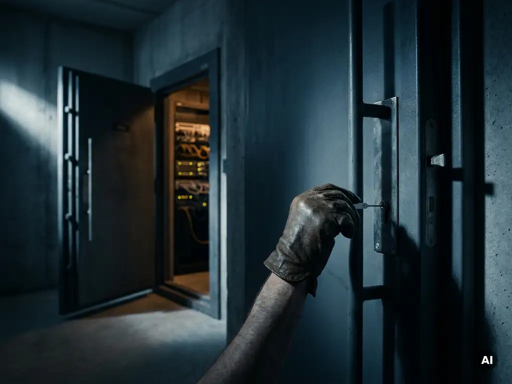 Gehandschoende hand die een slot kraakt op een stalen deur, met op de achtergrond een open serverzaal, dramatische zijverlichting.