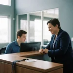Zelfverzekerde persoon in blazer praat met receptiemedewerker, onbeheerde toegangspas op bureau in glazen kantoorlobby.