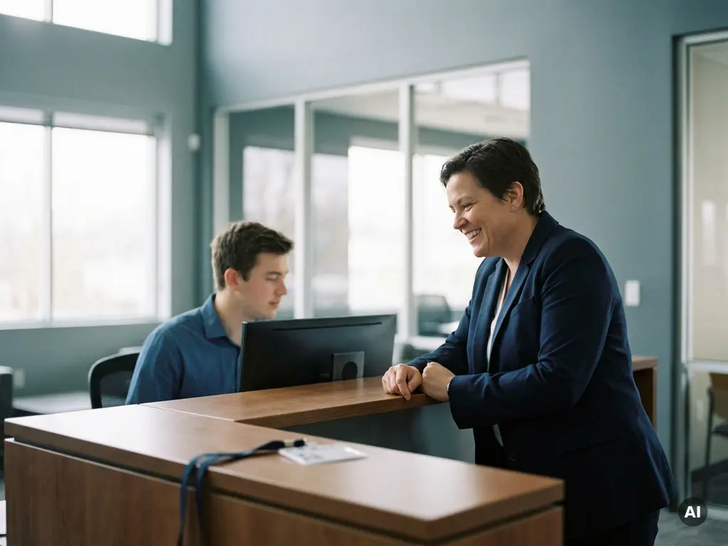 Zelfverzekerde persoon in blazer praat met receptiemedewerker, onbeheerde toegangspas op bureau in glazen kantoorlobby.