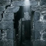 Gebarsten stenen muur met verborgen donkere doorgang zichtbaar in de schaduw, belicht door een smalle bundel wit licht.
