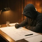 Vermomde figuur bestudeert architectonisch plattegrond van kantoorgebouw bij amberkleurig lamplicht op donker houten bureau.