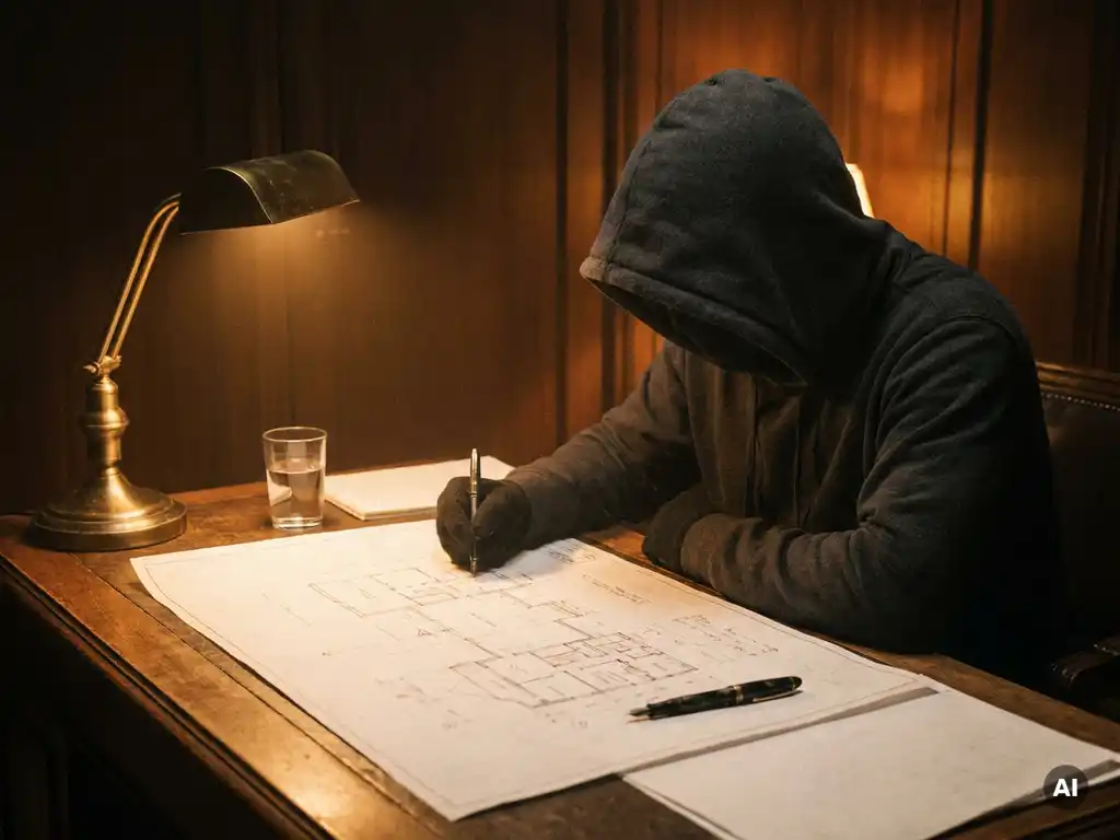 Vermomde figuur bestudeert architectonisch plattegrond van kantoorgebouw bij amberkleurig lamplicht op donker houten bureau.
