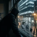 Vermomde figuur in donkere hoodie bestudeert kantoorgebouw door regenachtig raam, met personeelsbadges en documenten weerspiegeld in het glas.
