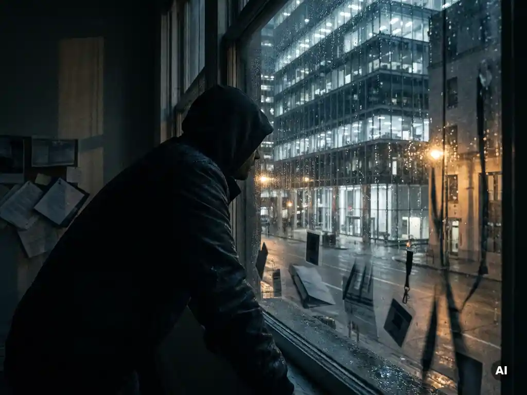 Vermomde figuur in donkere hoodie bestudeert kantoorgebouw door regenachtig raam, met personeelsbadges en documenten weerspiegeld in het glas.