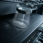 Vergrootglas boven een menselijke vingerafdruk in donker stof op een mat zwart serveroppervlak, koele staalblauwe belichting.