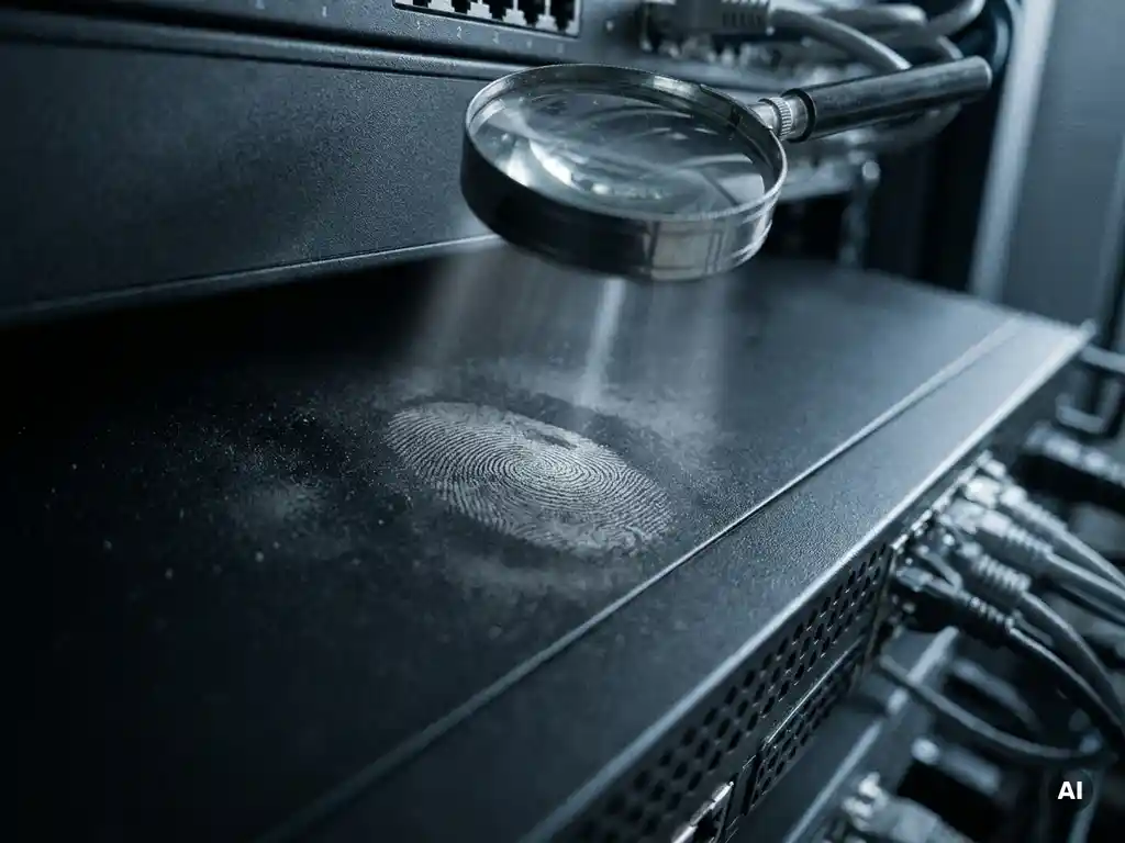 Vergrootglas boven een menselijke vingerafdruk in donker stof op een mat zwart serveroppervlak, koele staalblauwe belichting.